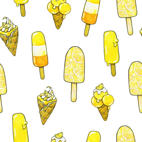 白い背景で隔離のレモン味のアイスクリーム。食べ物甘い図面の手の仕事。デザイン印刷のシームレス パターン — ストック写真