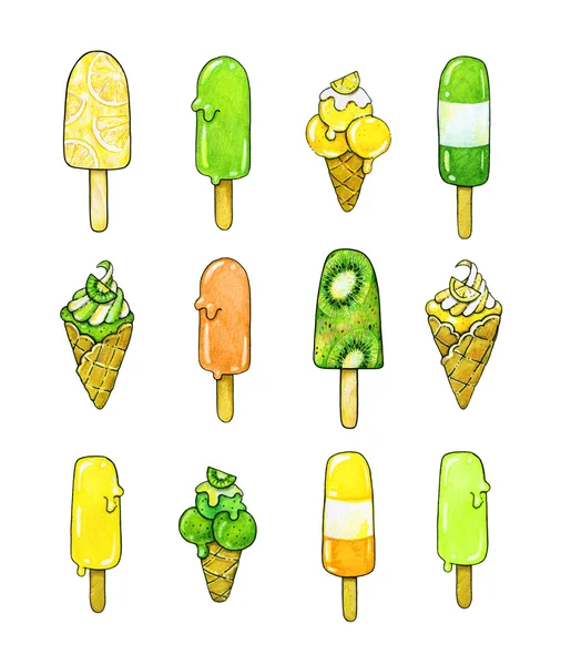 レモンとキウイは、白い背景で隔離の味のアイスクリーム。食べ物甘い図面の手の仕事。デザイン印刷のお菓子のセット — ストック写真