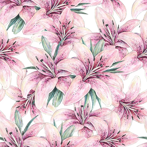 Pink lily flowers isolated on white background. Watercolor handwork illustration. Drawing of blooming lily with green leaves. Seamless pattern with lilies for design