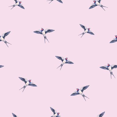 Pembe bir arka plan üzerinde güzel yutmak. Sulu boya resim. Bahar kuş aşk getiriyor. İşlemeli. Seamless modeli 