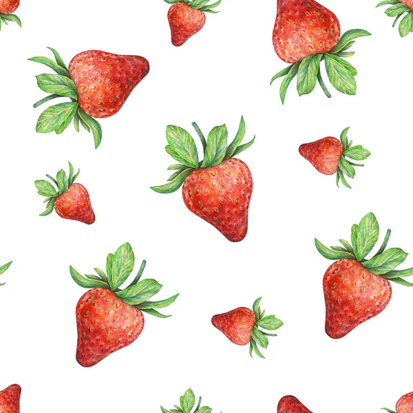 Fresa sobre fondo blanco. Dibujo de acuarela de fresas. Trabajo hecho a mano. Patrón de fresa sin costura de acuarela para el diseño de la tela — Foto de Stock