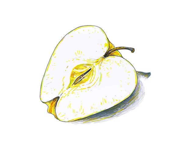 Yellow apple fruit are isolated on a white background. Color sketch felt-tip pens. Healthy food. Handwork. Fast schematic drawing — Stock Photo, Image