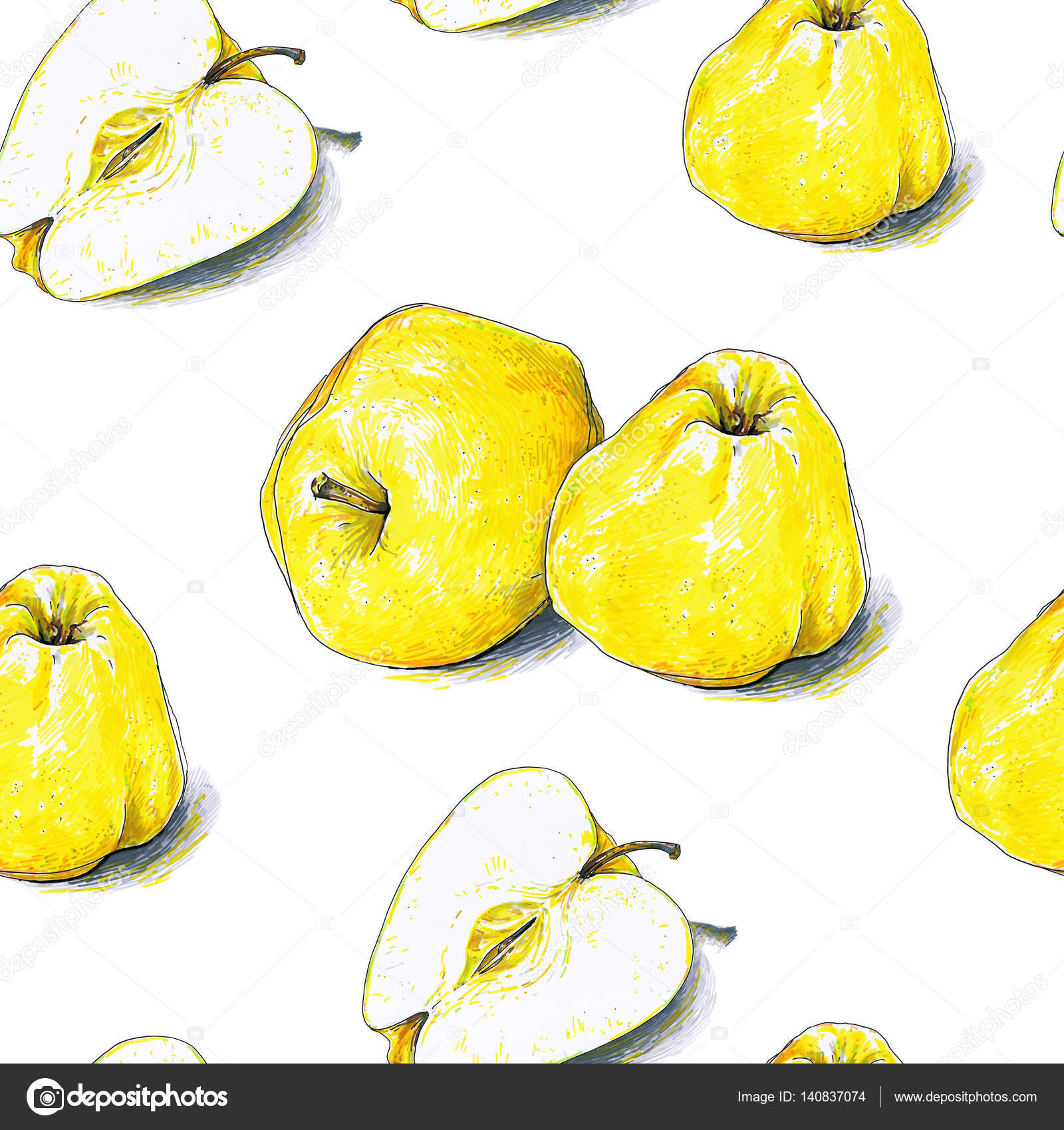 Frutta mele gialle ¨ isolati su sfondo bianco Colore schizzo penne felt tip Cibo sano Lavoro manuale Disegno veloce schematico