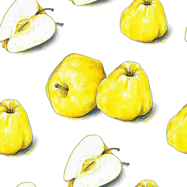 Yellow apples fruits are isolated on a white background. Color sketch felt-tip pens. Healthy food. Handwork. Fast schematic drawing. Seamless pattern for design. — Stock Photo, Image