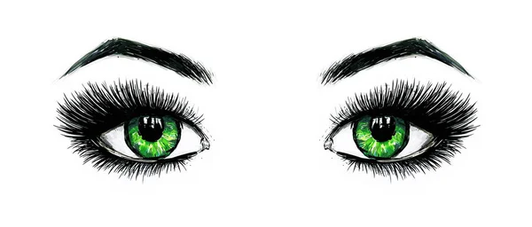 Os belos olhos verdes femininos abertos com pestanas longas isolam-se em um contexto branco. Maquiagem modelo ilustração. Esboço a cores canetas de feltro. Trabalho manual. Desenho esquemático rápido — Fotografia de Stock