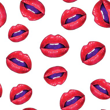 Beyaz bir arka plan beyaz dişlere sahip güzel seksi dudaklar. Çizim kadın kırmızı dudaklar. İşlemeli. Dikişsiz desen tasarımı için