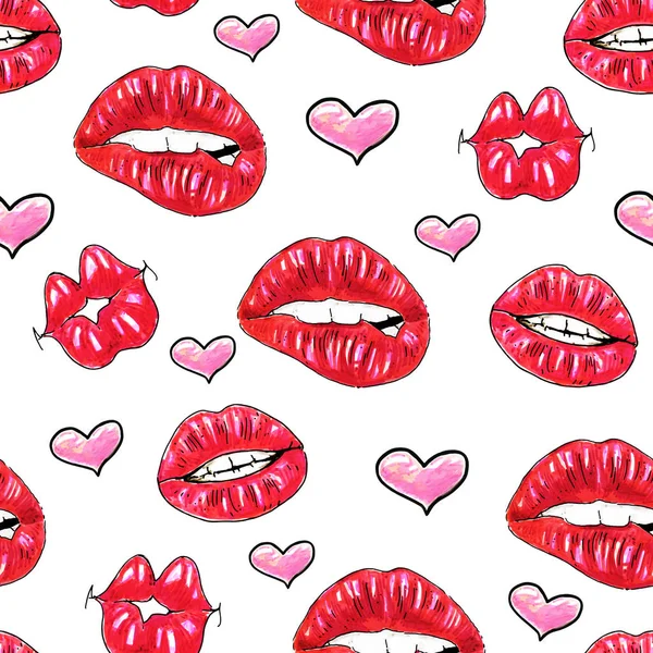 Mooie sexy lippen met witte tanden op een witte achtergrond. Vrouwelijke rode lippen tekening. Handwerk. Naadloze patroon voor ontwerp — Stockfoto