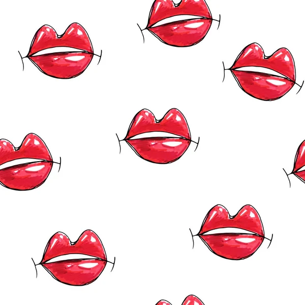 Mooie sexy lippen met witte tanden op een witte achtergrond. Vrouwelijke rode lippen tekening. Handwerk. Naadloze patroon voor ontwerp — Stockfoto