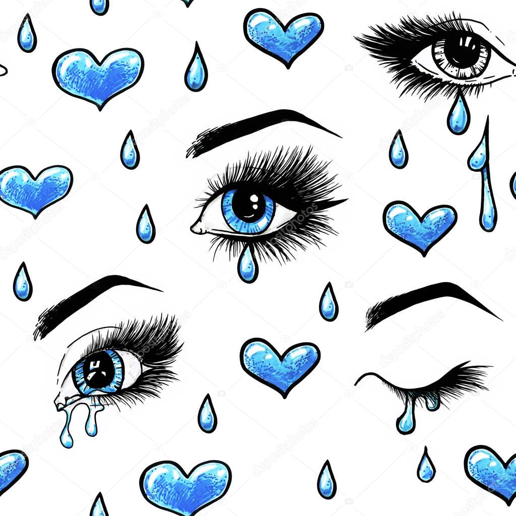 Beautiful open female blue eyes with long eyelashes is isolated on a white background. Makeup template illustration. Color sketch handwork. Tears in the eyes. One-way love. Seamless pattern for design