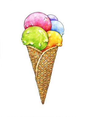 Çok renkli dondurma beyaz bir arka plan üzerinde izole bir gofret koni beş top. Çizim işaretleri renk. İşlemeli kroki. Vektör dondurma çizim