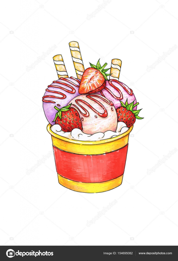 Sundae ice cream with taste of strawberry in cup on white background