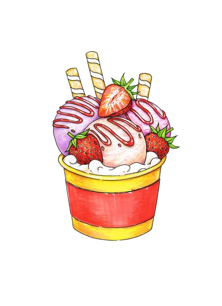 Sundae ice cream with taste of strawberry in cup on white background. Handwork sketch. Vector ice cream illustration — Stock Vector