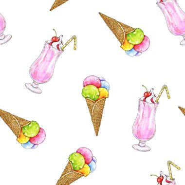 Bir gofret koni ve milkshake dondurma beyaz bir arka plan üzerinde izole. Dikişsiz desen tasarımı için