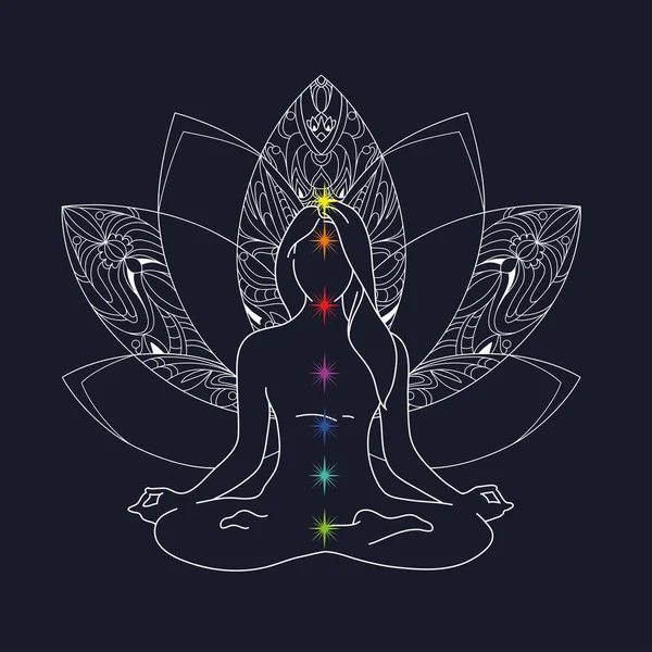 Kadın yoga poz. Lotus pozisyonu siluet. Vektör çizim. Çakra meditasyon açığa çıkması için. Çiçek tek renkli simge mandala