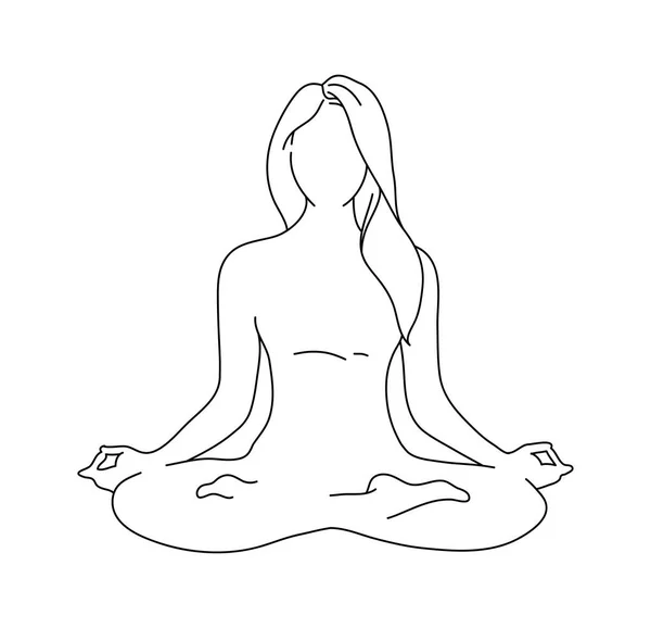 Postura de yoga de mujer. Silueta de posición de loto. Ilustración vectorial. Meditación icono monocromo — Vector de stock