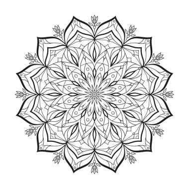 Çiçek tek renkli vektör mandala beyaz bir arka plan üzerinde izole. Dekoratif unsur tasarımı için Doğu motifleri ile. Boyama sayfası sürümü. Bir yılbaşı kar tanesi hatırlatan soyut geometrik öğesi