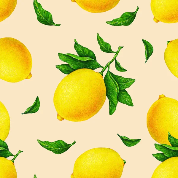 Иллюстрация Красивых Желтых Лимонных Фруктов Ветке Зелеными Листьями Оранжевом Фоне — стоковое фото
