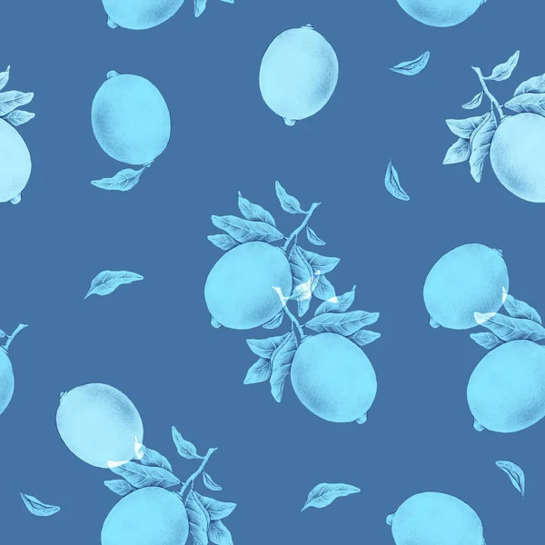 青色の背景に分離した葉と枝にモノクロのレモンの果実のイラスト 鉛筆デザインのシームレス パターン — ストック写真