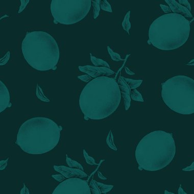 Tek renkli limon meyve dal yeşil bir arka plan üzerinde izole yaprakları ile Illustration. Tasarım için dikişsiz desen karakalem
