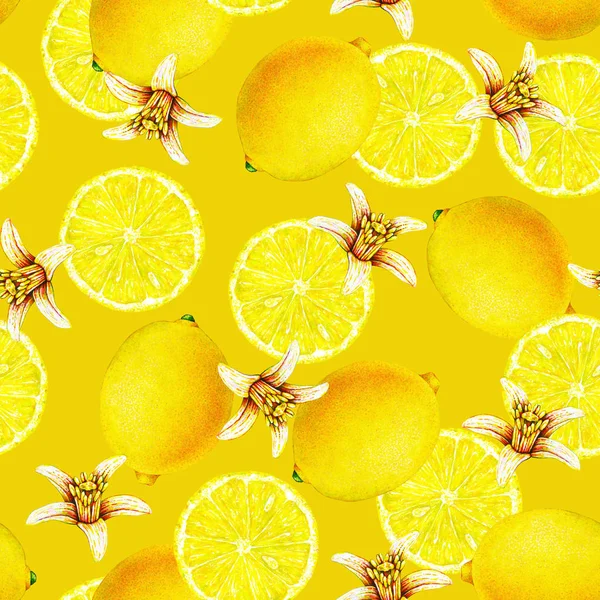 Лимонные Фрукты Цветами Изолированы Желтом Фоне Бесшовный Рисунок Акварелью Дизайна — стоковое фото