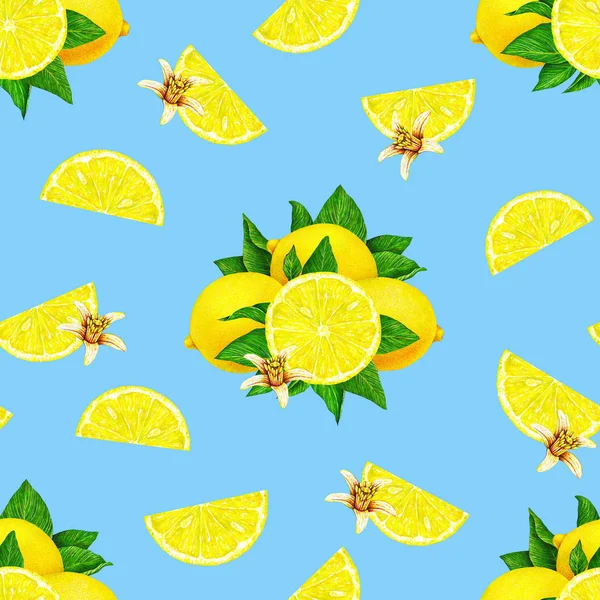 Frutti Limone Con Fiori Isolati Fondo Blu Disegno Acquerello Modello — Foto Stock