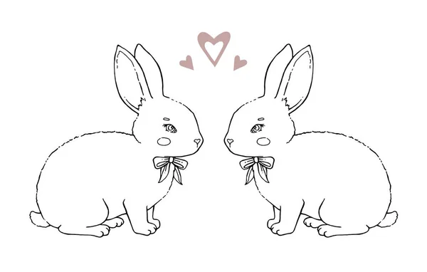 愛の弓と素敵なベクターアニメーションウサギウサギのウサギは白い背景に隔離されています 子供たちの素晴らしい手描き — ストックベクタ