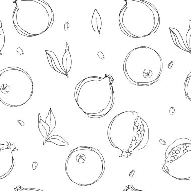 Nar beyaz arka planda izole edilir. Tek renkli vektör çizimi el resmi. Kusursuz desen çizimi