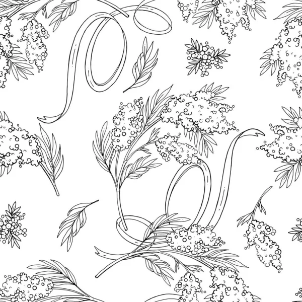 Mimosa Bloemen Met Linten Geïsoleerd Witte Achtergrond Handwerk Vectortekening Naadloos — Stockvector