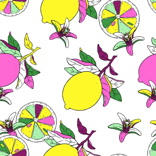 白地に紅葉した枝の上に美しいポップアートレモンの果実のイラスト 設計のためのベクトル描画シームレスパターン — ストックベクタ