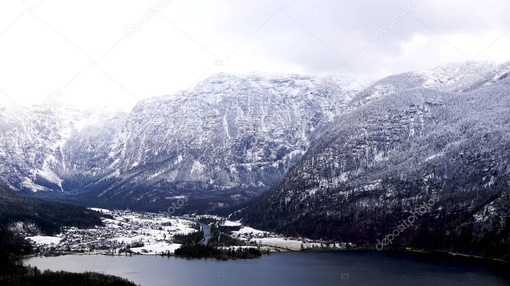 Hike epic mountains outdoor adventure and view of Hallstatt Wint