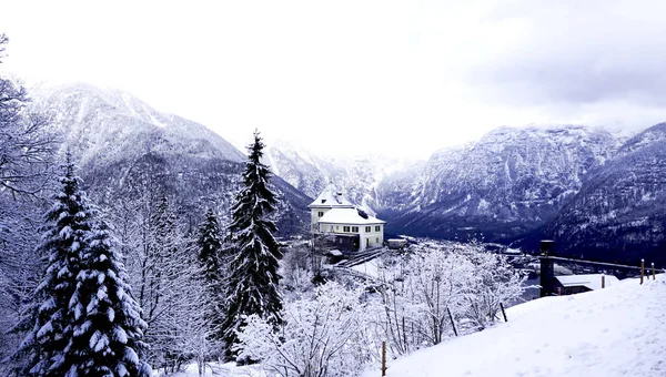 Hallstatt drömlandskap vinter snö berg landskap utomhus adve — Stockfoto