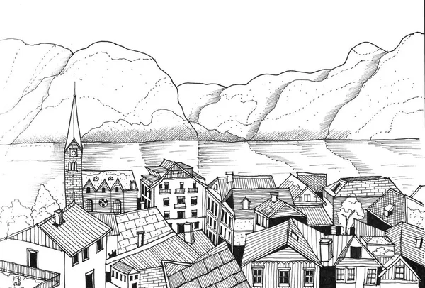 Skica Kresba Slavného Hallstatt Rakousko Staré Město Vesnice Ptačí Oko — Stock fotografie