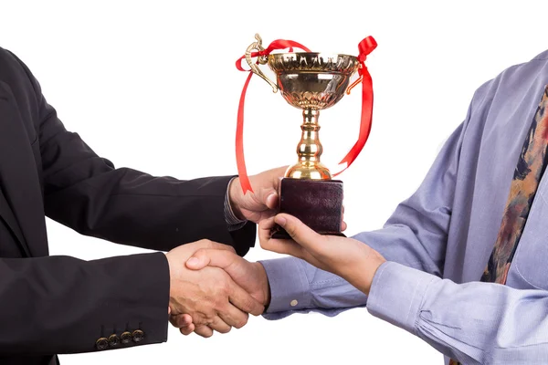 Asian business man shake hand and receive golden trophy Royalty Free Stock Images