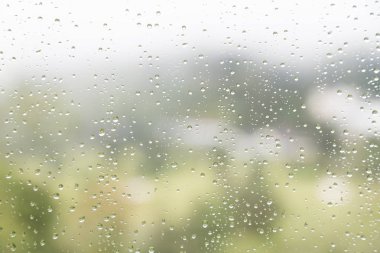 Yağmur Su damlacıkları doğal yeşil manzaralı cam pencere üzerinde