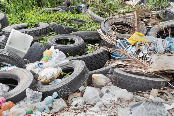 Digunakan ban di dump sampah mengumpulkan hujan breed nyamuk — Stok Foto