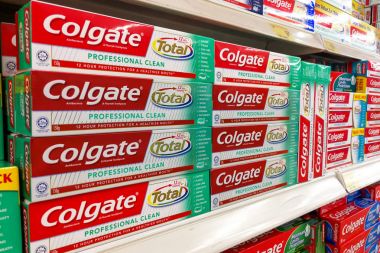 KUALA LUMPUR, Malaysia, September 10, 2017:  Colgate toothpaste is the market leader in the Malaysia toothpaste market with more than 50% market share in supermarkets. clipart