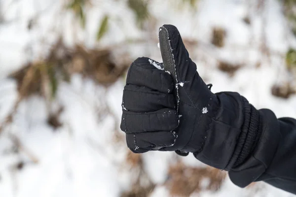 Hand in winter glove gesture thumb up