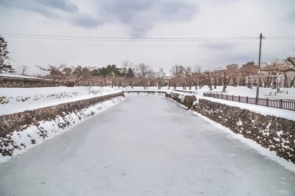 Frozen moat of Hakodate Japan Fort Goryokaku during winte — Stock Photo, Image