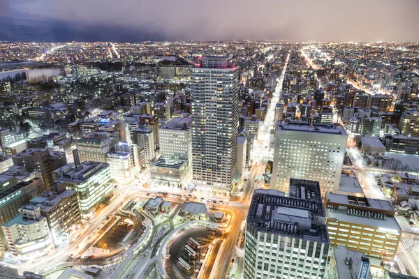 Sapporo, Japan, January 28, 2018: Dusk hour aerial view of centr — Stock Photo, Image