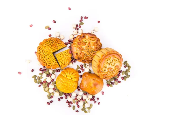 Mid Autumn festival Chinese moon cake  with ingredients on white background — Stock Photo, Image