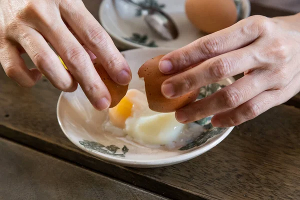 Series of hand preparing Chinese soft half boil egg for breakfast — Stock Photo, Image