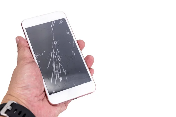 Hand holding smartphone with cracked screen on white background — Stock Photo, Image
