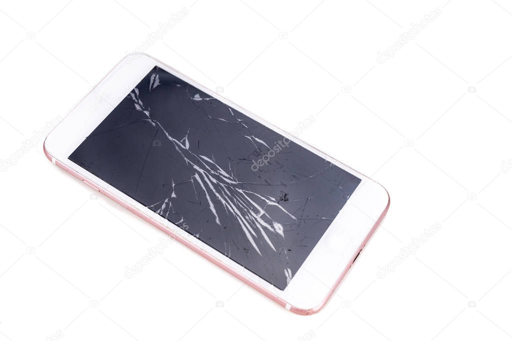 Smartphone with broken cracked screen against white background