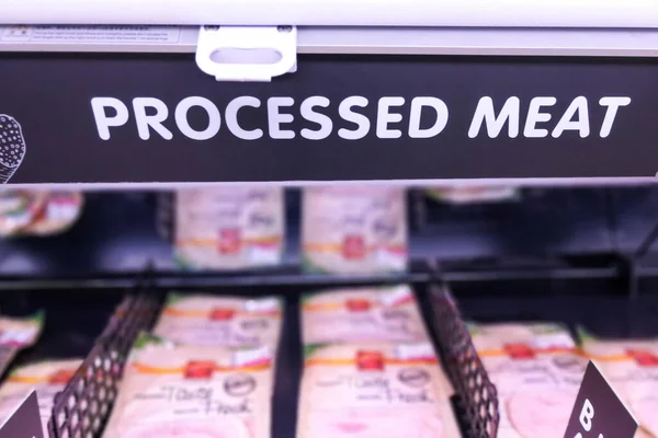 Processed Meat Signage Meat Section Supermarket Defocused Background — Stock Photo, Image