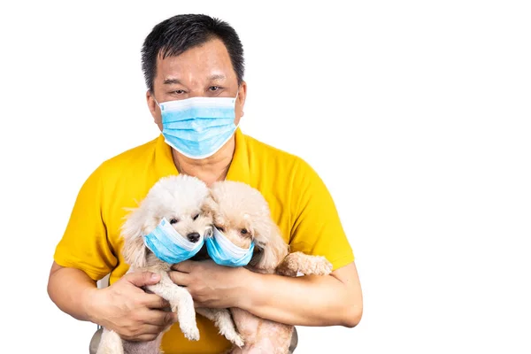 Homme Chien Compagnie Portant Masque Pour Protection Contre Virus Sur — Photo