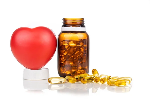 Fish Oil Gel Capsule Bottle Heart Shaped Prop White Background — Stock Photo, Image