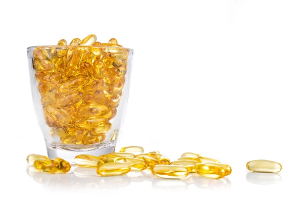 Glass Jar Filled Fish Oil Gel Capsule Containing Omega Polyunsaturated — Stock Photo, Image