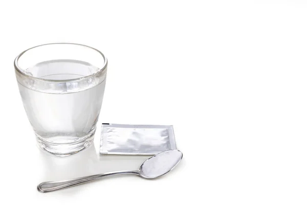 Ors Orale Rehydratatie Zout Met Glas Water Sachet Lepel Met — Stockfoto