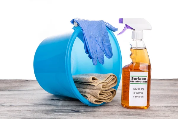 Spray Desinfectante Superficie Con Cubo Guantes Tela Mantenimiento Desinfectante Completo — Foto de Stock