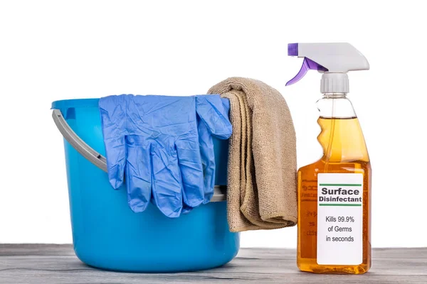 Surface Disinfectant Spray Pail Gloves Cloth Complete Sanitizing Maintenance Set — Stock Photo, Image